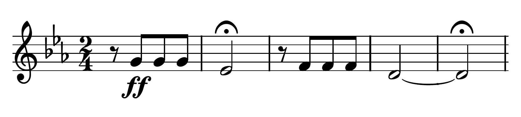 The opening bars of Beethoven's Fifth for the first violins: three short G's and a held E-flat, then three short F's and a held D, each held note under a fermata.