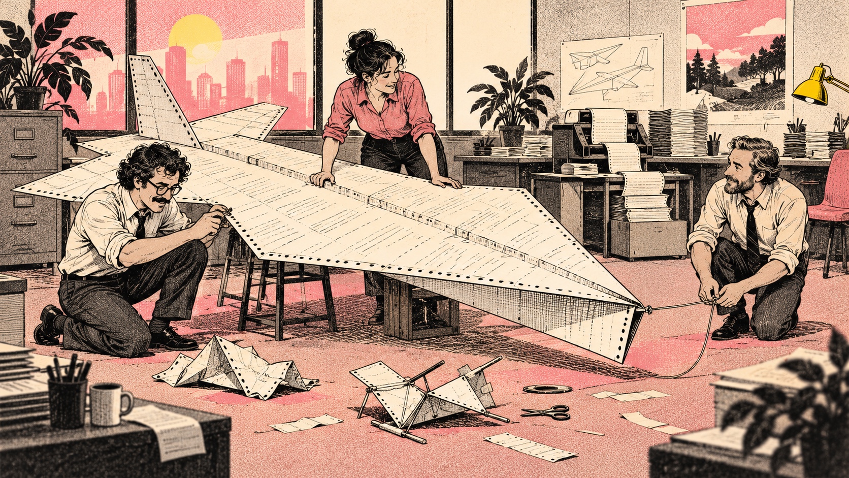 Three office workers experiment with a giant paper aircraft made from computer printouts while an automatic machine processes paperwork behind them. Original retro editorial illustration.