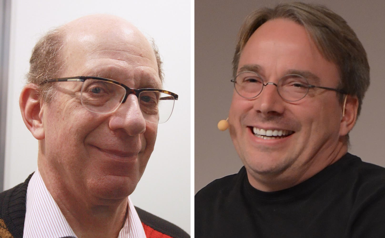 Andrew Tanenbaum in 2012 and Linus Torvalds in 2014, side by side.