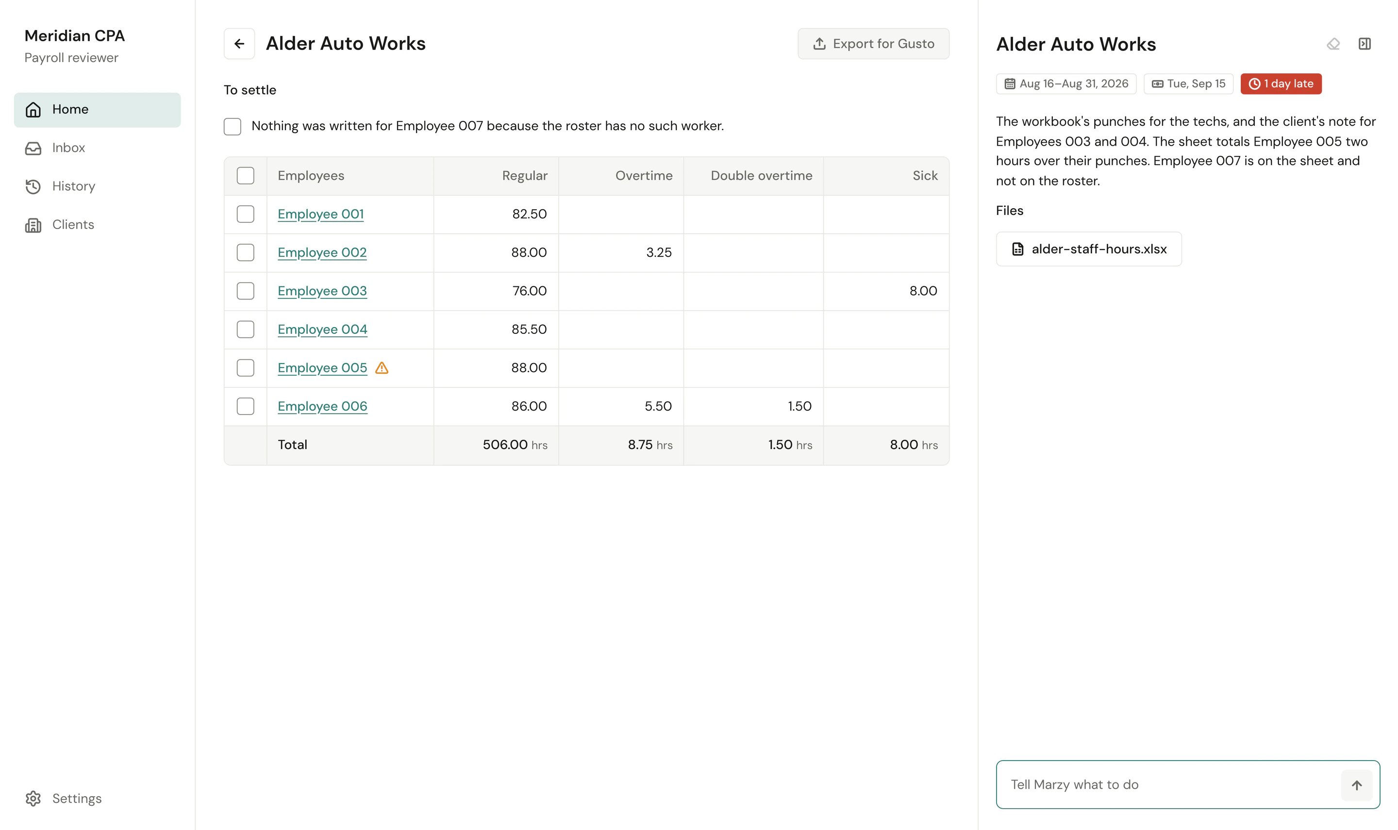 The Marzy payroll desk, with anonymous employee pay lines beside the source timecards.