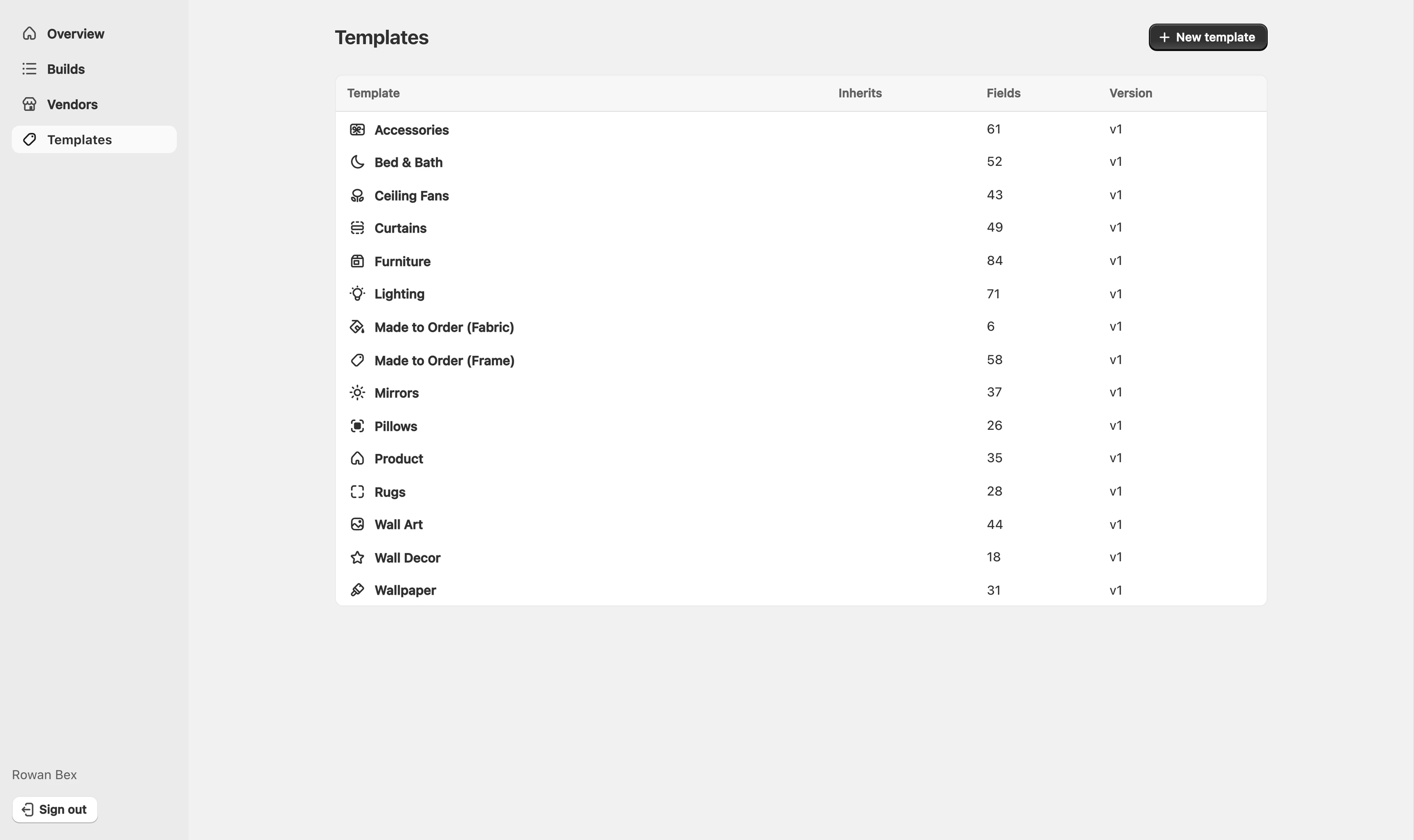 Product templates in the commerce build: one template per category, each listing the fields a supplier must answer.
