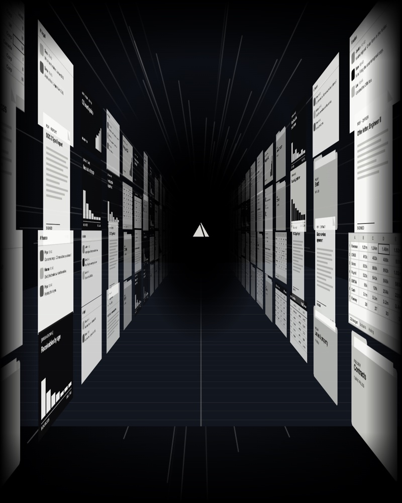 A long hall of a company’s records, database tables, PDFs, spreadsheets and chats, shelved down both walls toward the split A at its end